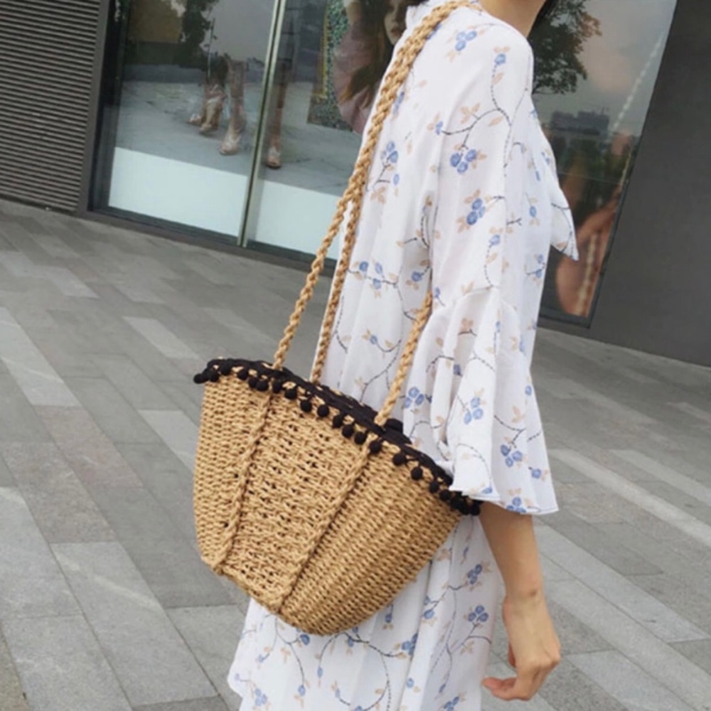RESTOCKED Straw Woven Basket Bag with Pom Poms - Picture 6 of 6
